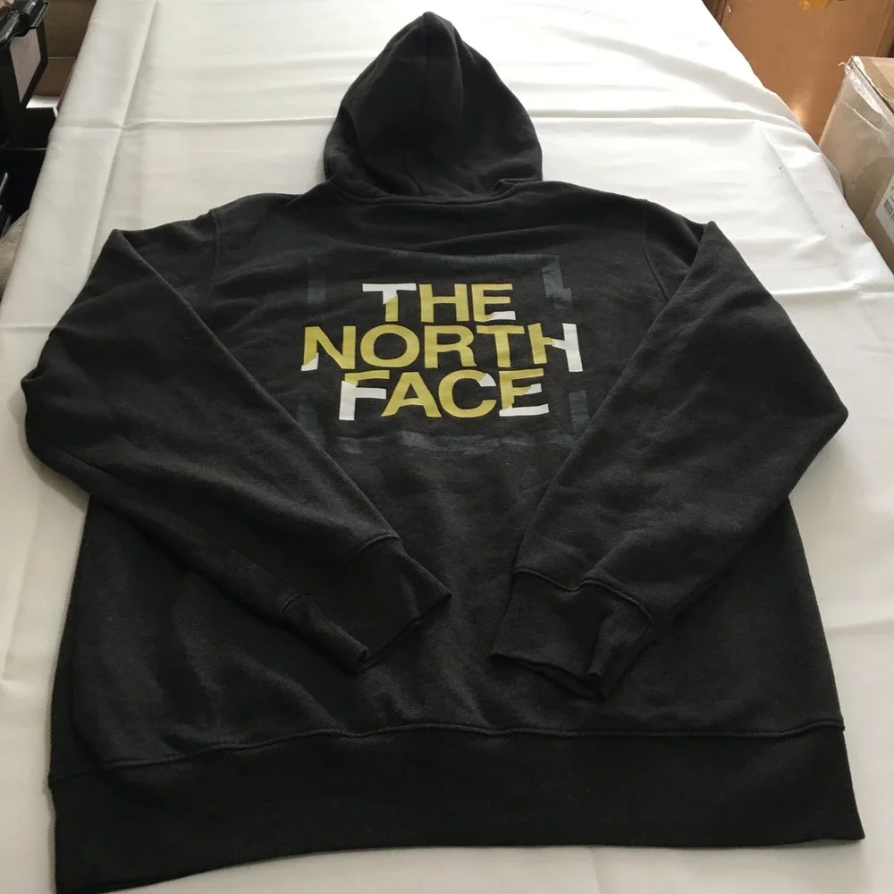 The North Face Hoodie Sweatshirt Mens Large Charcoal Yellow Logo Pullover